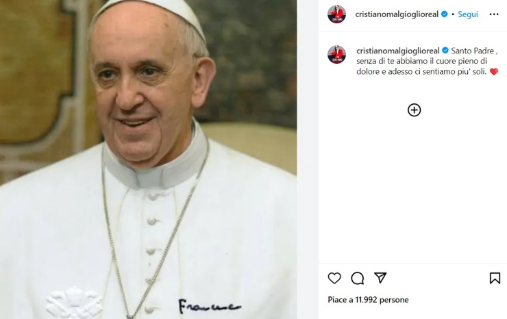 Il post di cordoglio (cristianomalgioglioreal - instagram screenshot) - www.energycue.it