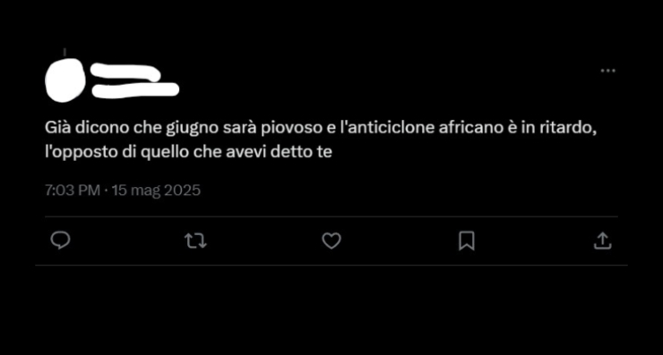 Il tweet sul tempo di giugno (X screenshot) - www.energycue.it